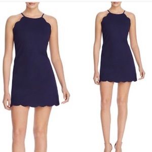 Aqua Navy Scalloped Trim Halter Dress